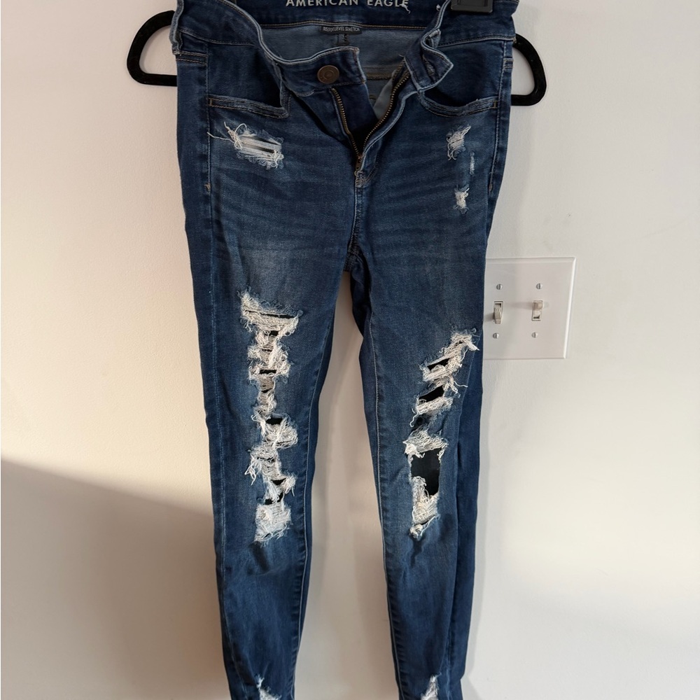 American Eagle Outfitters Dark Blue Distressed Skinny Jeans with Rips